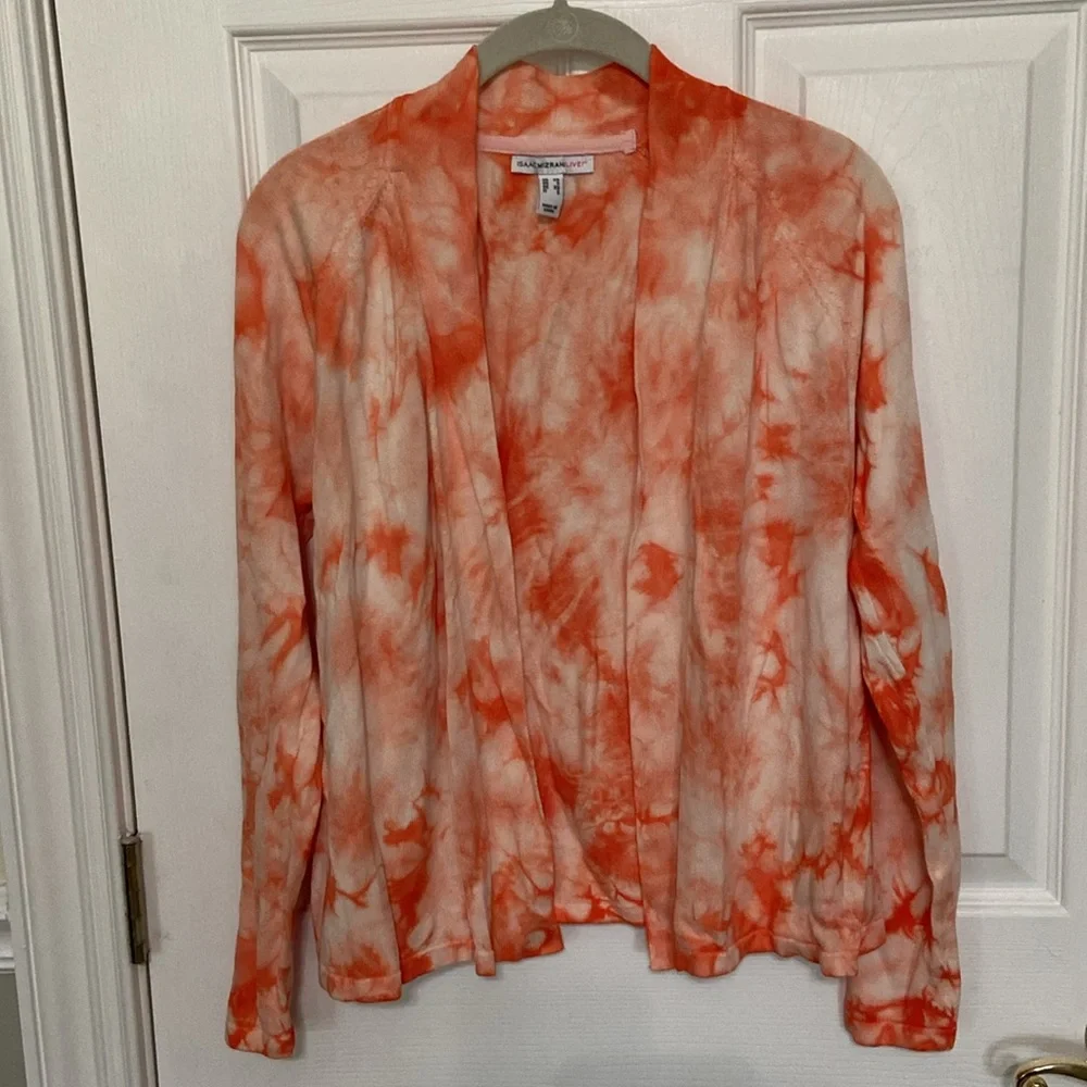 2 Isaac Mizrahi Sweaters - Coral Peplum, Coral Tie Dye Shrug Cardigan - Picture 11 of 16